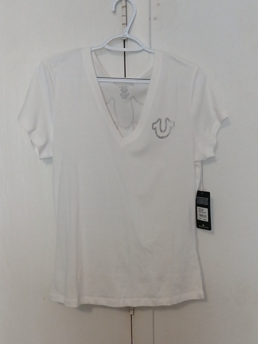 True Religion Junior's White V-Neck Tee with Embellished Logo